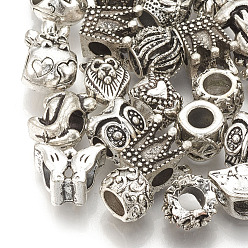 Antique Silver Alloy European Beads, Large Hole Beads, Mixed Shape, Antique Silver, 10~14x8~13x7~10mm, Hole: 4~5mm