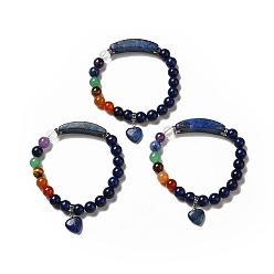 Lapis Lazuli Bracelet extensible en perles de lapis-lazuli naturel et pierres précieuses mélangées avec breloque cœur pour femme, diamètre intérieur: 2-1/8 pouce (5.5 cm)