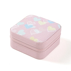 Pink Mini étui de rangement carré en cuir PU pour ensemble de bijoux, boîtes à fermeture éclair pour bijoux à imprimé cœur pour boucles d'oreilles, Anneaux, , rose, 10x10x5 cm
