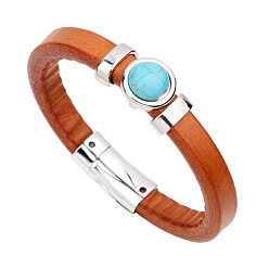 Synthetic Turquoise Synthetic Turquoise Flat Round Link Bracelet with Imitetion Leather Cords and Metal Magnetic Clasps, 9-1/4 inch(23.5cm)