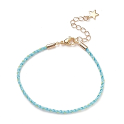 Bleu Clair Bracelets de cordon tressé en coton, avec des breloques étoiles en acier inoxydable 304 plaquées or et des fermoirs à pince de homard, bleu clair, 7-5/8 pouce (19.3 cm), 2.5mm