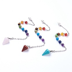 Mixed Color Fashion Natural & Synthetic Gemstone Hexagonal Pointed Dowsing Pendulums, with Brass Findings, Cone/Spike/Pendulum, Mixed Color, 24.5~25cm