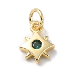 Green Rack Plating Brass Micro Pave Cubic Zirconia Charms, Long-Lasting Plated, Cadmium Free & Lead Free, Real 18K Gold Plated, Star, Green, 10.5x8x2mm, Hole: 3mm