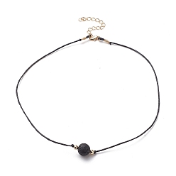 Lava Rock Natural Lava Rock Beaded Necklaces, with Waxed Cotton Cords, Brass Round Beads and 304 Stainless Steel Lobster Claw Clasps, Golden, 15.75 inch(40cm)