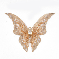Light Gold Brass Links connectors, with Crystal Rhinestone, Butterfly, Light Gold, 35x41x7mm, Hole: 1.2mm