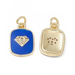 Bleu Micro cuivres ouvrent charmes de zircons, Style émail, réel 18 k plaqué or, rectangle avec breloque à motif de losanges, avec anneau de saut, bleu, 16x11x2mm, Trou: 3.3mm