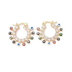 Colorful Enamel Evil Eye Hoop Earrings with Clear Cubic Zirconia, Gold Plated Brass Jewelry for Women, Cadmium Free & Lead Free, Colorful, 22.5x24.5x3mm, Pin: 0.7x0.9mm