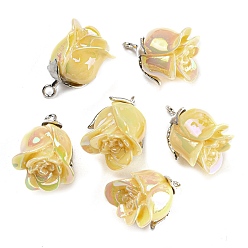 Yellow Opaque Resin Pendants, AB Color, Flower Charms with Platinum Tone Alloy Leaf, Yellow, 18.5x10x10mm, Hole: 1.4mm