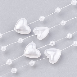 Blanc ABS plastique imitation perle garniture perlée guirlande brin, idéal pour le rideau de porte, matériel de bricolage de décoration de mariage, coeur et rond, blanc, 9x9 mm et 3 mm, environ 60 m / rouleau