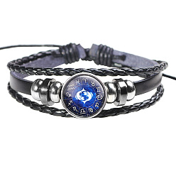 Pisces 12 Constellation Leather Cord Bracelets, with Alloy Beads and Wax Cord, Flat Round, Pisces, 2-3/8 inch(6cm)