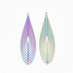 Rainbow Color Placage ionique (ip) 304 gros pendentifs en filigrane en acier inoxydable, embellissements en métal gravé, larme, couleur arc en ciel, 55x16x0.3mm, Trou: 1.4mm