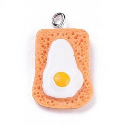 Dark Orange Resin Pendants, Imitation Food, with Platinum Plated Iron Screw Eye Pin Peg Bails, Bread with Fried Egg, Dark Orange, 24x14.5x4.2mm, Hole: 2mm