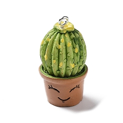 Pelouse Verte Pendentifs en résine de plante verte de pot de cactus, breloques cactus avec boucles en métal plaqué platine, pelouse verte, 33x17.5mm, Trou: 2mm