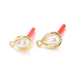 Golden Alloy Stud Earring Findings, with 925 Sterling Silver Pin and ABS Plastic Imitation Pearl, with Loop, Teardrop, Golden, 15x10mm, Hole: 1.5mm, Pin: 0.7mm