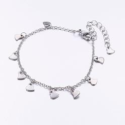Stainless Steel Color 304 Stainless Steel Charm Bracelets, Heart, with 316 Surgical Stainless Steel Cable Chains, Stainless Steel Color, 190mm
