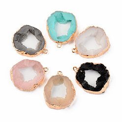 Mixed Color Druzy Resin Pendants, Imitation Geode Druzy Agate Slices, with Edge Light Gold Plated Iron Loops, Flat Round, Mixed Color, 32x26x5.5~6.5mm, Hole: 1.8mm