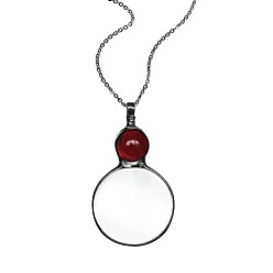 Красный Ожерелье с плоским круглым стеклянным увеличительным кулоном для женщин, с кабельными цепями из сплава, красные, 31.50 дюйм (80 см)