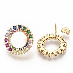 Real 18K Gold Plated Brass Micro Pave Colorful Cubic Zirconia Stud Earrings, with Earring Backs, Round Ring, Real 16K Gold Plated, 19.5mm, Pin: 0.7mm