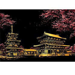 Flower Scratch Rainbow Painting Art Paper, DIY Night View of the City Scratchboard, with Paper Card and Sticks, Sakura Pattern, 40.5x28.5cm, 2pcs/set