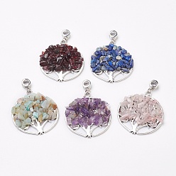 Mixed Stone Natural Mixed Gemstone European Dangle Charms, Large Hole Pendants, with Antique Silver Plated Alloy Findings, Flat Round with Tree, 54.5mm, Hole: 4.5~5mm, Pendant: about 42.5~43x38.5~39.5x5~6mm