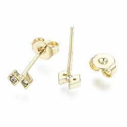 Real 16K Gold Plated Brass Micro Pave Clear Cubic Zirconia Stud Earrings, with Ear Nuts, Nickel Free, Rhombus, Real 16K Gold Plated, 4x5mm, Pin: 0.8mm