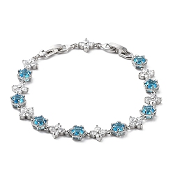 Deep Sky Blue Noble Gift Ideas for Lady Platinum Tone Brass Micro Pave Cubic Zirconia CZ Flower Link Chain Bracelets, with Watch Band Clasps, Deep Sky Blue, 220x8x4mm