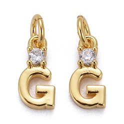 Letter G Brass Micro Pave Clear Cubic Zirconia Pendants, with Jump Rings, Real 18K Gold Plated, Long-Lasting Plated, Letter, Letter.G, 9x4.5x2mm
