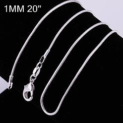 Silver Brass Round Snake Chain Fine Necklaces, with Lobster Claw Clasps, Silver Color Plated, 20 inch, 1mm