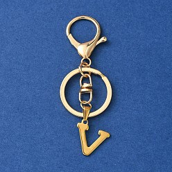 Letter V 304 Stainless Steel Initial Letter Charm Keychains, with Alloy Clasp, Golden, Letter V, 8.5cm