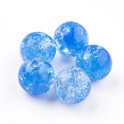 Dodger Blue Transparent Crackle Acrylic Beads, Round, Dodger Blue, 9.5~10x9mm, Hole: 2mm, about 950pcs/500g