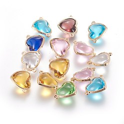 Mixed Color Glass Links connectors, with Eco-Friendly Alloy Findings, Heart, Light Gold, Mixed Color, 14x18.5x7mm, Hole: 1.2mm