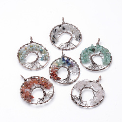 Mixed Stone Natural Gemstone Big Pendants, with Iron Findings, Tree of Life, Red Copper, 64x50~51x5mm, Hole: 4x5mm