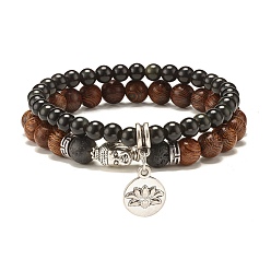 Antique Silver 2Pcs 2 Style Natural Obsidian & Lava Rock & Wenge Wood Stretch Bracelets Set with Lotus Charm and Buddha Head, Oil Diffuser Power Jewelry for Men Women, Antique Silver, Inner Diameter: 2-1/8~2-1/4 inch(5.35~5.6cm)
