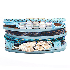 Sky Blue PU Leather Multi-strand Bracelets, with Wax Polyester Cords, Alloy Magnetic Clasp and Rhinestone, Feather, Golden, Sky Blue, 7-1/2 inch(19cm), 40mm
