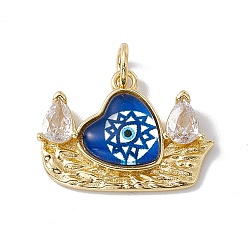 Royal Blue Brass Micro Pave Clear Cubic Zirconia Pendants, with Eye Resin and Jump Rings, Lead Free & Cadmium Free, Boat with Heart Charm, Real 18K Gold Plated, Royal Blue, 17x22.5x4.5mm, Hole: 4mm