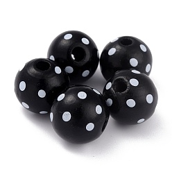 Black Dyed Natural Wooden Beads, Macrame Beads Large Hole, Round with Polka Dot, Black, 16x15mm, Hole: 4mm