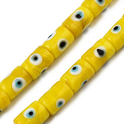 Yellow Handmade Evil Eye Lampwork Beads, Column, Yellow, 14x10mm, Hole: 1.2mm, about 25pcs/strand, 13.98 inch(35.5cm)