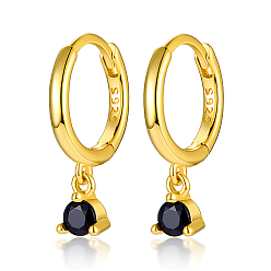 Black Real 18K Gold Plated 925 Sterling Silver Hoop Earrings, with Cubic Zirconia Diamond Charms, with S925 Stamp, Black, 17mm