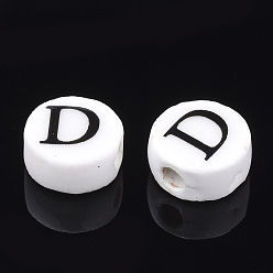 Letter D Handmade Porcelain Beads, Horizontal Hole, Flat Round with Letter, White, Letter.D, 8~8.5x4.5mm, Hole: 2mm
