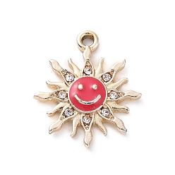 Crimson Alloy Enamel Pendants, with Crystal Rhinestone, Smiling Sun Charms, Golden, Crimson, 22.5x19.5x2.5mm, Hole: 2mm