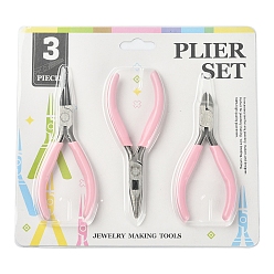 Pearl Pink Steel Pliers Set, with Plastic Handles, including Side Cutter Pliers, Round Nose Plier, Needle Nose Wire Cutter Plier, Pearl Pink, 113~126x48~52x6~10mm, 3pcs/set