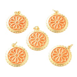 Orange Real 18K Gold Plated Brass Pendants, with Enamel, Long-Lasting Plated, Flat Round with Flower, Orange, 22.5x19.5x2mm, Jump Ring: 5x1mm, 3mm Inner Diameter
