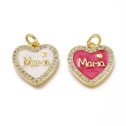 Mixed Color Mother's Day Theme Real 18K Gold Plated Brass Micro Pave Clear Cubic Zirconia Enamel Charms, Long-Lasting Plated, with Jump Rings, Lead Free & Cadmium Free, Heart with Word MaMa, Mixed Color, 14.5x14.5x2mm, Jump Ring: 5x1mm, Inner Diameter: 3mm