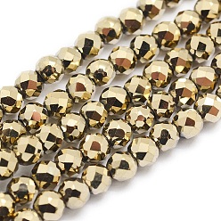 Light Gold Plated Electroplate Non-magnetic Synthetic Hematite Beads Strands, Grade A, Vacuum Plating, Faceted, Round, Light Gold Plated, 4mm, Hole: 1mm, about 105pcs/strand, 15.7 inch(40cm)