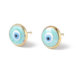 Pale Turquoise Enamel Evil Eye Stud Earrings, Real 18K Gold Plated Brass Jewelry for Women, Pale Turquoise, 12mm, Pin: 0.8mm