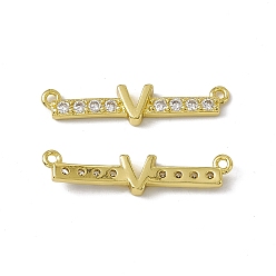 Letter V Rack Plating Brass Micro Pave Clear Cubic Zirconia Connector Charms, Real 18K Gold Plated, Long-Lasting Plated, Cadmium Free & Nickel Free & Lead Free, Letter Links, Letter.V, 5.5x27x2.5mm, Hole: 1.2mm