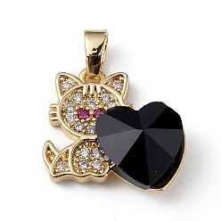 Black Real 18K Gold Plated Rack Plating Brass Micro Pave Cubic Zirconia Pendants, with Glass, Long-Lasting Plated, Cadmium Free & Lead Free, Cat with Heart, Black, 21x19.5x7.5mm, Hole: 3.5x5mm