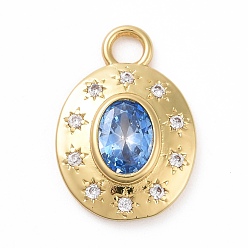 Cornflower Blue Eco-friendly Brass Micro Pave Cubic Zirconia Pendants, Cadmium Free & Lead Free, Long-Lasting Plated, Golden, Oval with Star, Cornflower Blue, 18x12.5x3.3mm, Hole: 2.6mm