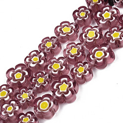 Rosa Viejo Hilos de perlas de vidrio millefiori artesanal, seno de ciruela, rosa viejo, 9.5~12x9.5~12.5x4~4.5 mm, agujero: 1.5 mm, sobre 39 unidades / cadena, 15.94 pulgada ~ 16.14 pulgada (40.5~41 cm)