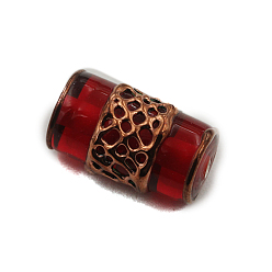 Dark Red Retro Czech Glass Beads, Red Copper Metal Grid Beads, Column, Dark Red, 16x8mm
